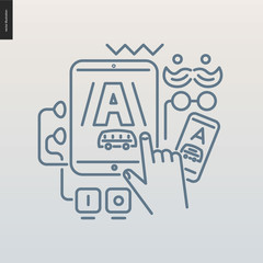 App development outlined icon - contemporary flat vector icon of mobile application development for design studio website - various devices with one application screenshot on a screen