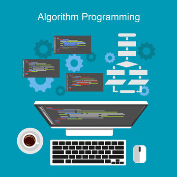 Algorithm programming concept. Flat design illustration concepts for analysis, working, brainstorming, coding, programming, and planning.
