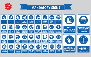 mandatory signs, construction health, safety sign used in industrial applications (safety helmet, gloves, ear protection, eye protection, foot protection, hairnet, respirator, mask, antistatic, apron)