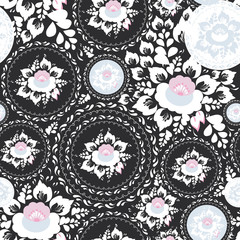 Vintage shabby Chic Seamless ornament, pattern with Pink and white flowers and leaves on black background. Vector