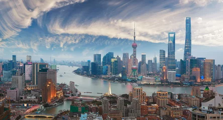 Foto op Aluminium Luchtfotografie bij de bund van Shanghai Skyline of twilight © Aania