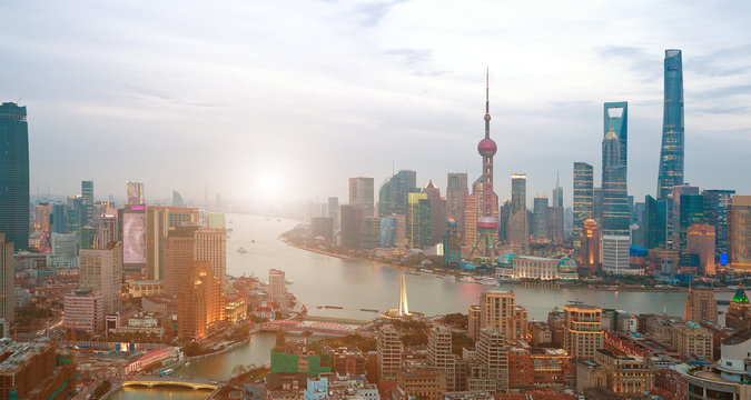 Aerial photography at Shanghai bund Skyline of sunrise