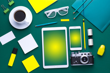 Office tools. Digital technology. Innovative implementation in business. Internet applications. Wireless function. Tablet phone and camera Developing applications on the Internet. Flat lay photo