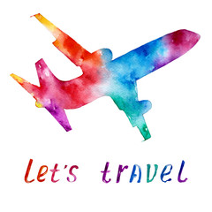 Isolated white background with airplane, plane. Watercolor illustration.