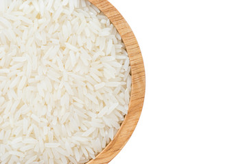 close up wooden bowl of jasmine rice grain isolated on white background