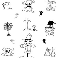 Halloween doodle vector scarecrow, zombie, witch