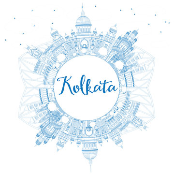 Outline Kolkata Skyline with Blue Landmarks and Copy Space.