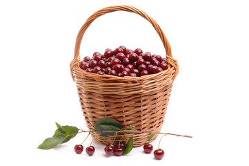 Basket full of fresh red cherry on a white background