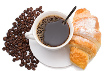 coffee and croissant on a white
