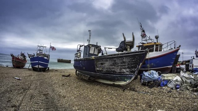 Fish eye view of fishing boats on the beach at Hastings, England