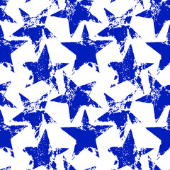 Blue and white worn grunge stars seamless pattern, vector