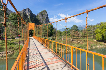 Red bridge over Nam Sot river, Vang Vieng, Laos