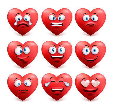 Heart face vector set in red color with funny facial expressions and emotions isolated in white background. Vector illustration.
