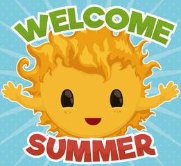 Cute Sun Giving Welcome to Summer Season, Vector Illustration