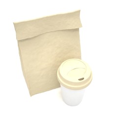 Coffee to go and lunch bag, on white. 3d rendering.