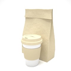 Coffee to go and lunch bag, on white. 3d rendering.