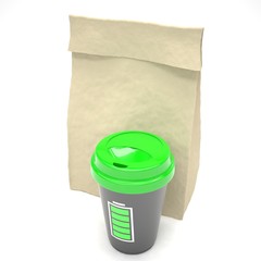 Coffee to go and lunch bag, on white. 3d rendering.