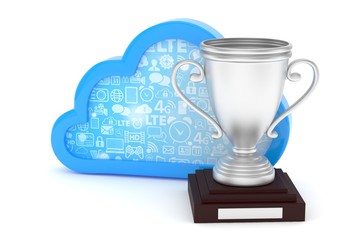 Isoalted silver cup with cloud on white background. Blue contour cloud. Concept of cloud storage competition. Leader cloud drive. Best storage contest. 3D rendering.