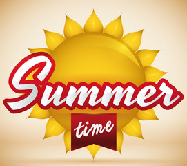 Postcard with Shiny Sun and Red Ribbon for Summertime, Vector Illustration