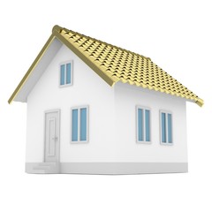White simple house with golden roof on white background. Concept of investment in real estate and symbol of wealth, business and safety. New family house.  3D rendering.