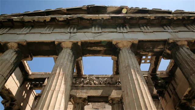 A close up shot of the Temple of Hephaestus in Ancient Agora of Athens, Greece