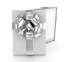 Tablet in white gift box with silver bow and ribbons on white. 3D rendering.