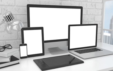 Responsive mockup screen. Monitor, laptop, tablet, phone on table in office. 3d rendering.