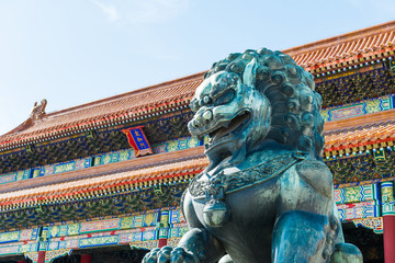 Bronze lion in front of the Hall of Supreme Harmony in Beijing Forbidden City