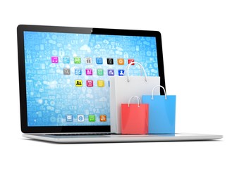 laptop and  shopping pags on white background. 3d rendering.