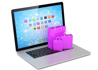 laptop and  shopping pags on white background. 3d rendering.