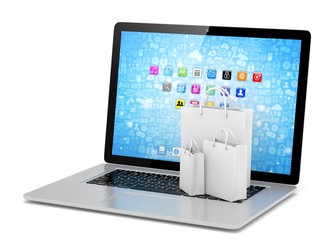laptop and  shopping pags on white background. 3d rendering.