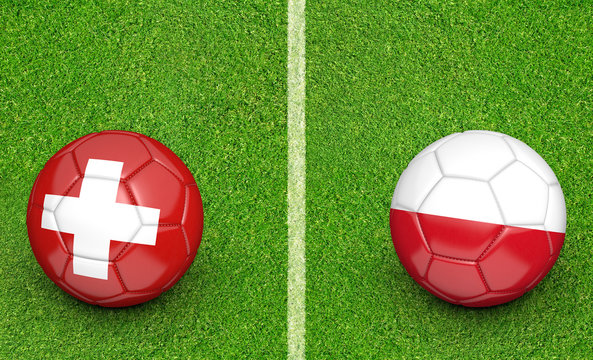 Team balls for Switzerland vs Poland football tournament match, 3D rendering