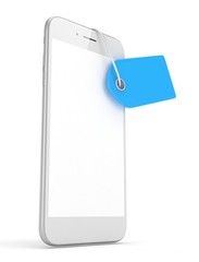 White smart phone with blue price tag on white background. Identification, price, label. 3D rendering.