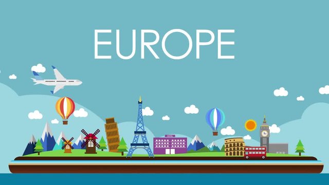 World map, Europe travel. Tour, , illustration animation, vacation.