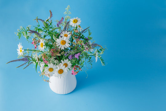 bouquet of wildflowers in jar on plain blue background