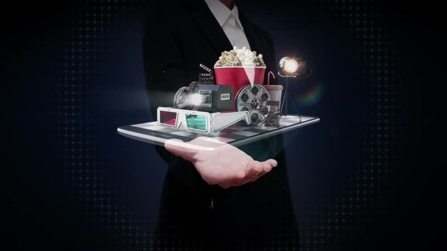 Businesswoman open palms, movie, drama, download internet service function for Smart phone. smart pad, mobile, tablet