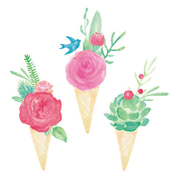 Watercolor Ice Cream Cone Flower Bouquets Vector Set
