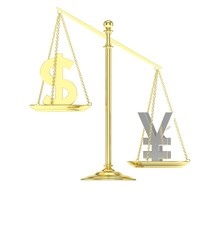 Isolated old fashioned pan scale with dollar and yuan,yen on white background. American and chinese and japanese currency. Yuan is heavier. Silver yuan, golden usd. 3D rendering.