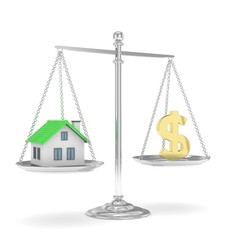 Isolated silver scales with golden dollar and house on white background. Investment or savings concept. Real estate and currency. 3D rendering.