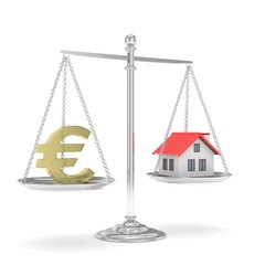 Isolated silver scales with golden euro and house on white background. Investment or savings concept. Real estate and currency. 3D rendering.