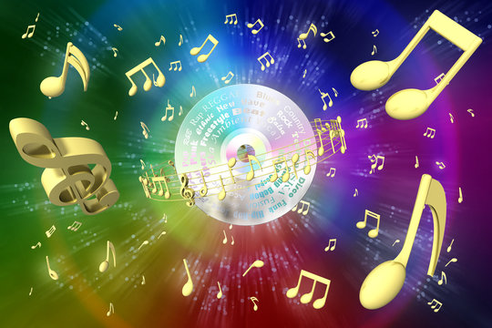 Note musicali dorate attorno a Compact disc in spazio colorato.
