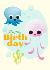 Birthday and invitation card animal background with octopus and jellyfish,vector,illustration