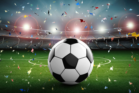 soccer ball with soccer stadium and confetti background