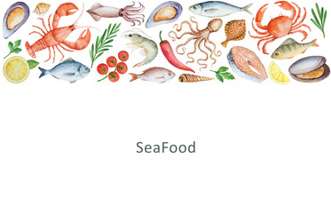 Watercolor set of seafood, vegetables and spices.