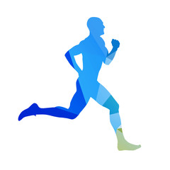 Fototapeta na wymiar Abstract blue running man. Runner vector silhouette. Profile, si