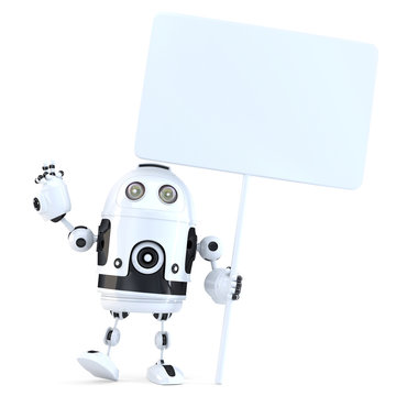 Happy cheerful Robot with blank board. 3D illustration. Isolated