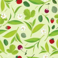 Seamless Green tea leaves pattern, lemon, cherry, flat illustration