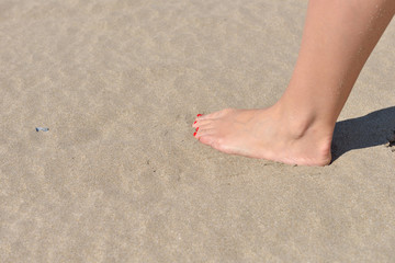 Fototapeta na wymiar Woman feet with red pedicure walking on the hot sand of the beac