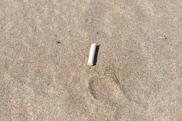 White cigarette butt was left on the beach by tourists. Environm