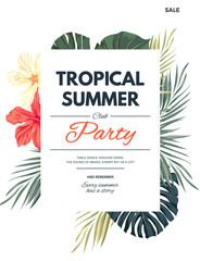 Bright hawaiian design with tropical plants and hibiscus flowers